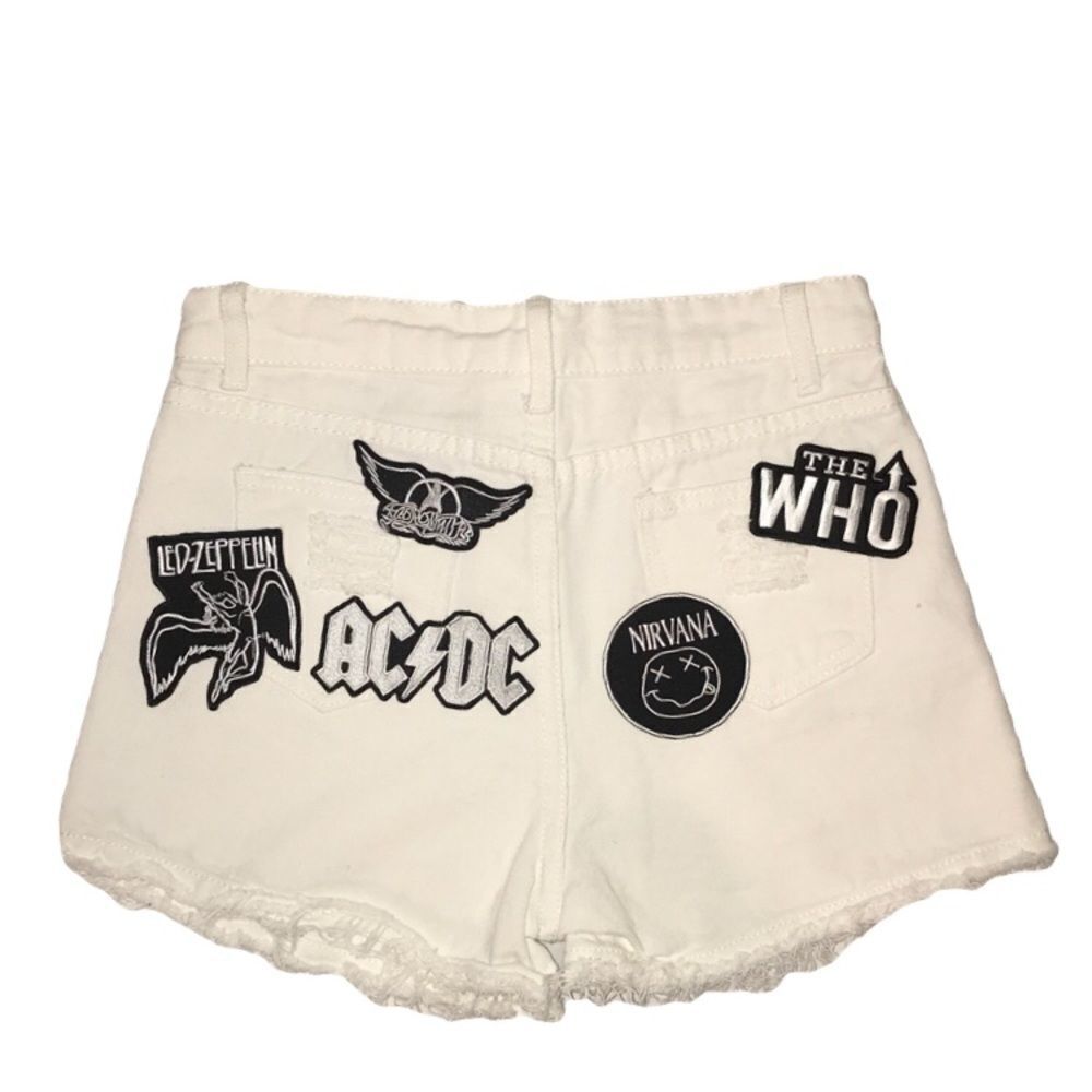 White Denim Shorts W/ Black & White Rock Patches - Picture 3 of 8